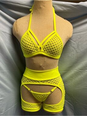 Neon Yellow Fishnet Bralette & Garter Short Set - Women Intimates
